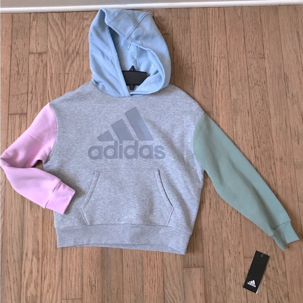 Adidas Hoodie Girls Kids Color Block Grey Size (7-8) NWT